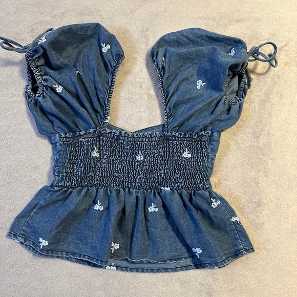 Sim & Sam Denim Puff Sleeve Top Medium Crop Boho Babydoll Western Festival Y2K - Picture 7 of 7